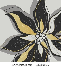 modern poinsettia flower, leaves, in the style of one line. hand-drawn abstraction. the symbol of winter in dark gold color. an item for exotic wallpaper, paper, print, banner. vector art illustration