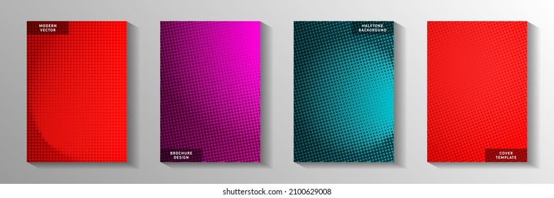 Modern point perforated halftone cover page templates vector kit. Business booklet faded halftone patterns. Vintage cartoon comics style cover leaflets. Rectangle albums.