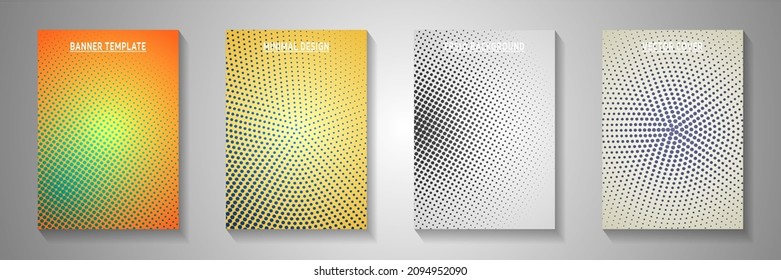 Modern point screen tone gradation cover page templates vector collection. Business flyer faded screen tone backgrounds. Retro comics style cover layouts. Round pixels.