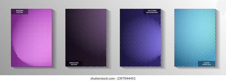 Modern point screen tone gradation cover templates vector kit. Scientific flyer faded screen tone backdrops. Retro cartoon comics style cover page leaflets. Round pixels.