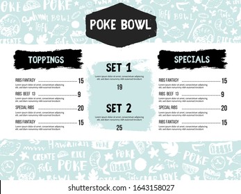 Modern Poke bowl restaurant menu design. Colorful grunge cafe template, healthy hawaiian nutrition, fish banner