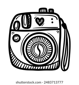 Modern polaroid drawing on white background. Line drawing of polaroid camera in sketch style. Line illustration