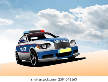 Modern police car patrolling under a cloudy sky. Hand drawn Illustration