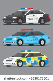 modern police cars with multiple colors black white blue and yellow and sirens on top