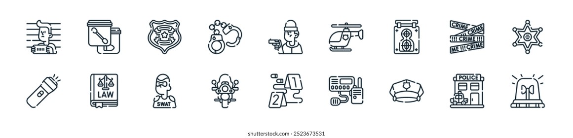 Perfecto para diseños de interfaz de usuario lineal con sirena de Vector, estación de policía, sombrero de policía, walkie talkie, escena del crimen, moto,   y más iconos para App móviles y de Web.