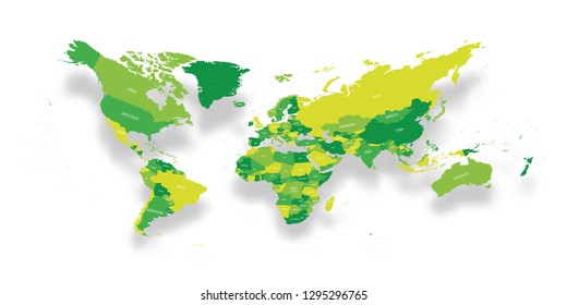 Modern political map of World. Distorted design with bent corners and dropped shadow. 3D effect vector illustration.