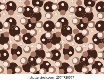 Modern polka dots pattern of brown, beige, and white circles on light beige background. Overlapping circles create a random yet aesthetic look. Perfect for prints, wallpaper, and digital projects.