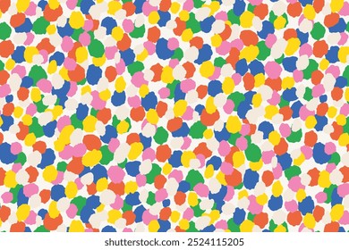 Patrón sin costuras de lunares modernos. Caos colorido creativo de Formas abstractas, impresión de círculo infantil lindo de diferentes tamaños que envuelve la materia textil de papel. Textura de Vector.