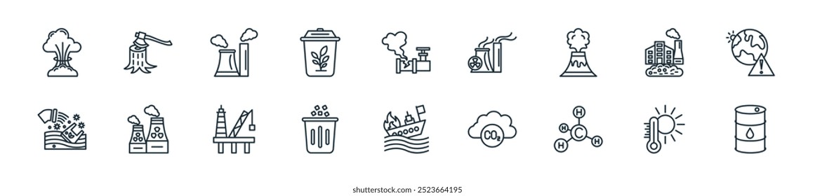 Icono de contaminación moderno. Perfecto para diseños de interfaz de usuario lineal con barril de aceite de Vector, Clima caliente, metano, dióxido de carbono, barco, basura, plataforma petrolera y más íconos para App móviles y de Web.