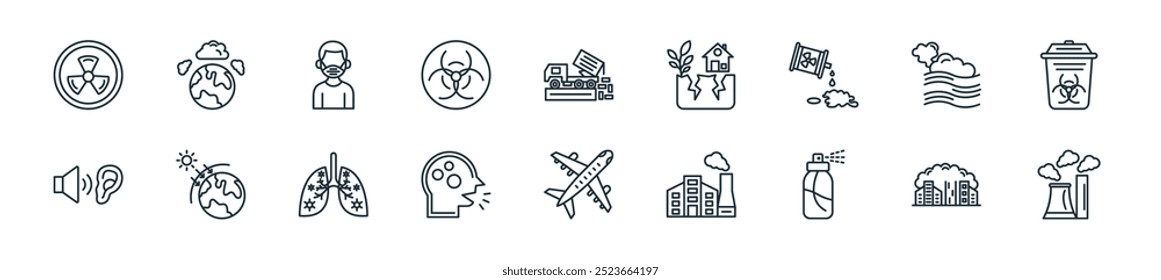 modern pollution icon pack. perfect for linear ui designs featuring vector air pollution, city, aerosol, factory, plane, cough, infected lungs and more icons for mobile and web apps.