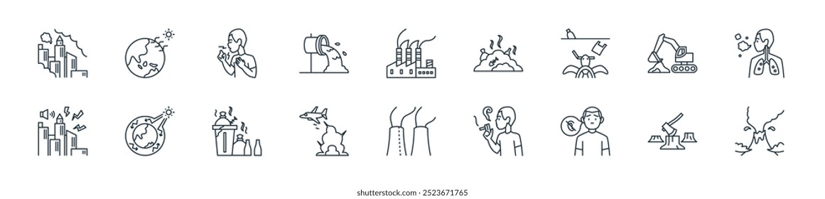 modern pollution icon pack. perfect for linear ui designs featuring vector volcano, deforestation, deaf, smoking, nuclear plant, war, garbage and more icons for mobile and web apps.