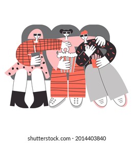 Modern polyamorous family in cinema watching movie. Three lovers on romantic date. Polygamy and bisexuality, non-monogamous Happy open relationship concept. LGBT rights, pride vector flat illustration