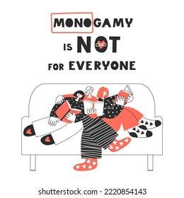 Modern Polyamorous Family Together Reading On A Sofa. Three On A Romantic Valentines Date. Polygamy And Bisexuality, Non-monogamous Open Relationship Concept. LGBT Rights, Pride Vector Lettering Quote