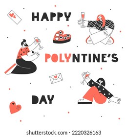 Modern polyamorous family with wine and valentine sweets. Three lovers on a romantic Valentines date celebrating. Polygamy and bisexuality, open relationship concept. LGBT pride vector lettering card