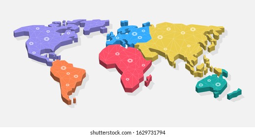 Modern polygonal 3d world map symbol with colored continents. Easy to use for your website or presentation.