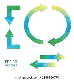 Modern polygonal design arrows isolated icons. Blue green yellow low poly rotating two ways arrows vectors.