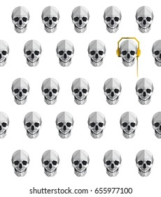 Modern polygonal flat hipster style illustration of human Skull pattern with Skull with headphone. Calavera, halloween, dark spell t-shirt design.