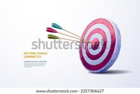Modern polygonal target with three arrows with different colors in a center. Bullseye hit. Setting goals correctly. Business mission concept. Low poly realistic style with 3D effect. Archery shooting 