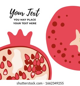 Modern pomegranate art template to place text. Great as card, post, banner or poster background. Red fruit botanical drawing. Vector illustration.