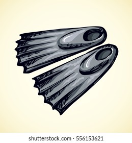 Modern pool black Swimfins boots isolated on white background. Hand drawn picture. Closeup view