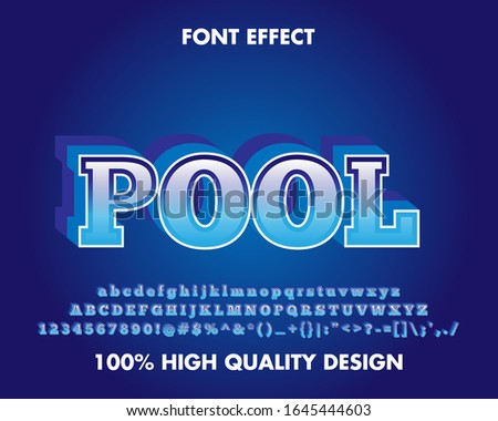 Modern 'Pool' Text Effect 3d Blue Gradient Style With Shadow and Outline. Full Set alphabet. Premium Vector