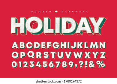 Modern pop art 3D or isometric letters and number set. Xmas or Christmas stylish bold font. Holidays typeface for poster, web design, invitation, graphic print, greeting card, product packaging, etc. 