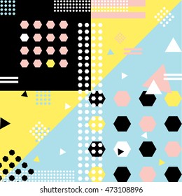Modern pop art memphis style pattern or background template with geometric shapes in vibrant colors