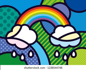 Modern pop art rainbow illustration /  cloud print for you design. Vector, abstract and  decorative nature element. Weather element showing rainy day with water drops.