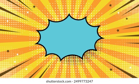 Modern pop art in the style of an abstract comic. The bright background resembles a retro style, combining sun rays and explosive elements. Bright colors emphasize its advertising character.