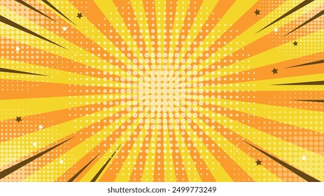 Modern pop art in the style of an abstract comic. The bright background resembles a retro style, combining sun rays and explosive elements. Bright colors emphasize its advertising character.