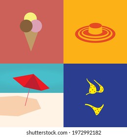 Modern pop art vacation holiday travel graphic vector illustration beach hat bikini ice cream cone umbrella shade