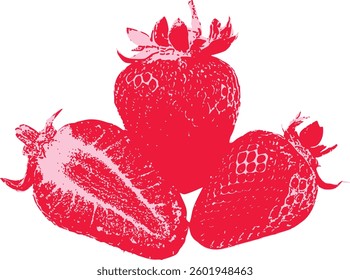 A modern pop-art inspired illustration of multiple strawberries, using strong lines and color contrast to bring out their rich texture.