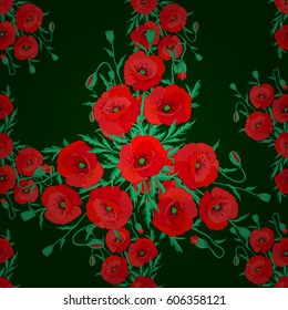 Modern poppy flower pattern with royal lilies. Colored orient pattern on a green background. Seamless floral ornament.