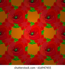 Modern poppy flower pattern with royal poppies. Colored orient pattern on a orange background. Seamless floral ornament.