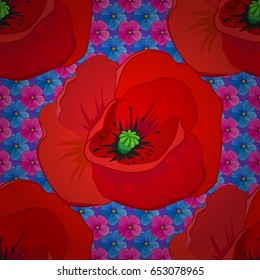 Modern poppy flower pattern with royal poppies. Colored orient pattern on a violet background. Seamless floral ornament.