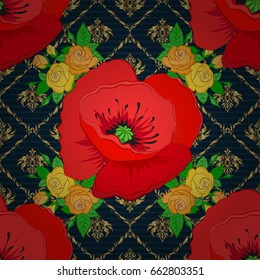 Modern poppy flower pattern with royal poppies. Colored orient pattern on a blue background. Seamless floral ornament.