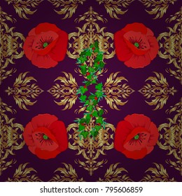 Modern poppy flower pattern with royal poppies. Colored orient pattern in red, brown and purple colors. Seamless floral ornament.