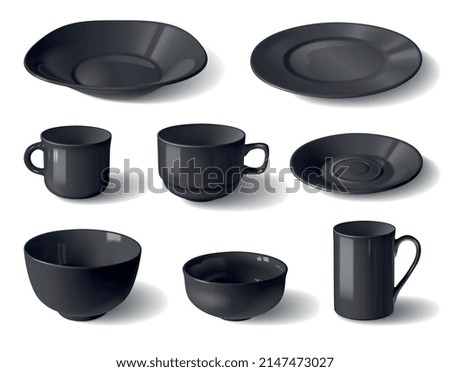 Modern porcelain dishware realistic set with stylish black cups plates bowls isolated vector illustration