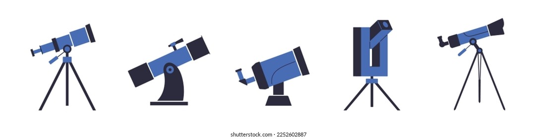 Modern portable astronomer telescopes. Scientific equipment spyglass, binoculars vector icons. Optical device to explore, discover galaxy, cosmos, space  illustration on white background