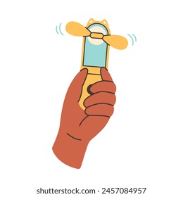 Moderno ventilador portátil. Ventilador de mesa, ventilador de mano. Mini ventilador eléctrico. Ilustración vectorial en estilo plano