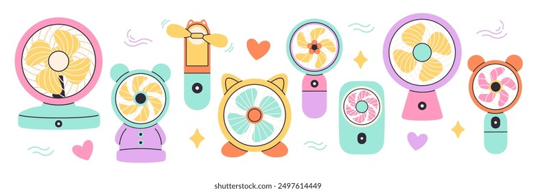 Modern portable fan. Table fan, hand fan. Mini electric fan. Vector illustration in flat style