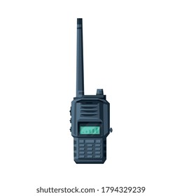 Modern Portable Handheld Radio Transmitter with Screen and Antenna Flat Vector Illustration