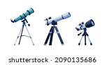 Modern portable three legged telescopes set isolated astronomer equipment cartoon icon. Vector optical device to explore, discover galaxy, cosmos, space. Telescope on tripod stand, educational tool
