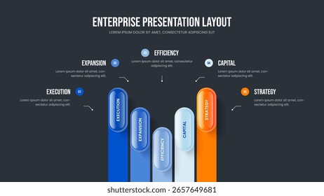 Ilustración vectorial de diseño de presentación de diapositivas de Cartera moderna. Lanzamiento del proyecto Diseño de diapositiva de diagrama de 5 pasos. Plantilla de presentación de infografía de cinco opciones de desarrollo de la empresa.