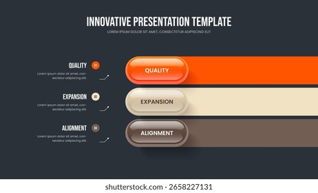 Moderno Portfólio Slideshow Design Vetor Ilustração. Modelo de apresentação de diagrama de opção de lançamento de anúncio 3. Layout de Quadro de Infográfico de Três Elementos do Enterprise Briefing.