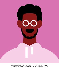 Modern portrait, abstract black man in glasses and hoodie. Stylish African-American male character with beard, eyeglasses, face avatar. Person on trendy minimal style poster. Flat vector illustration