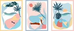 A Modern Portrait Of An Abstract Painting Of A Girl In A Hat On The Beach . Collection Of Contemporary Art Posters.Abstract Elements Of Beach Paraphernalia, Sun Beach, Vegetation, Sea. Vector Illustra