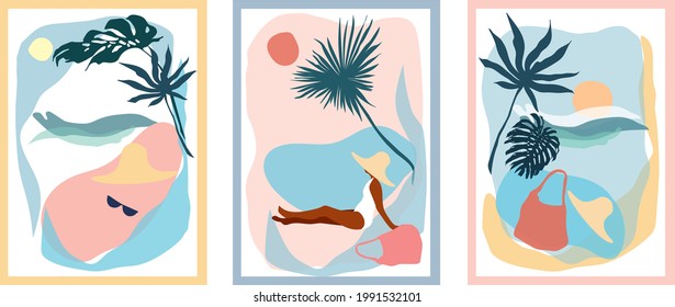 A modern portrait of an abstract painting of a girl in a hat on the beach . Collection of contemporary art posters.Abstract elements of beach paraphernalia, sun beach, vegetation, sea. Vector illustra - Shutterstock ID 1991532101