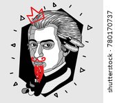 Modern portrait of composer and musician. T-Shirt Design & Printing, clothes, bags, posters, invitations, cards, leaflets etc. Vector illustration hand drawn. Wolfgang Amadeus Mozart