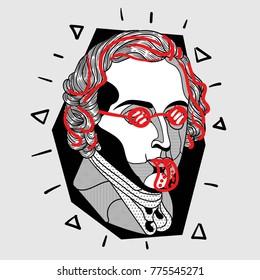 Modern portrait of composer and musician. T-Shirt Design & Printing, clothes, bags, posters, invitations, cards, leaflets etc. Vector illustration hand drawn. Frederic Francois Chopin